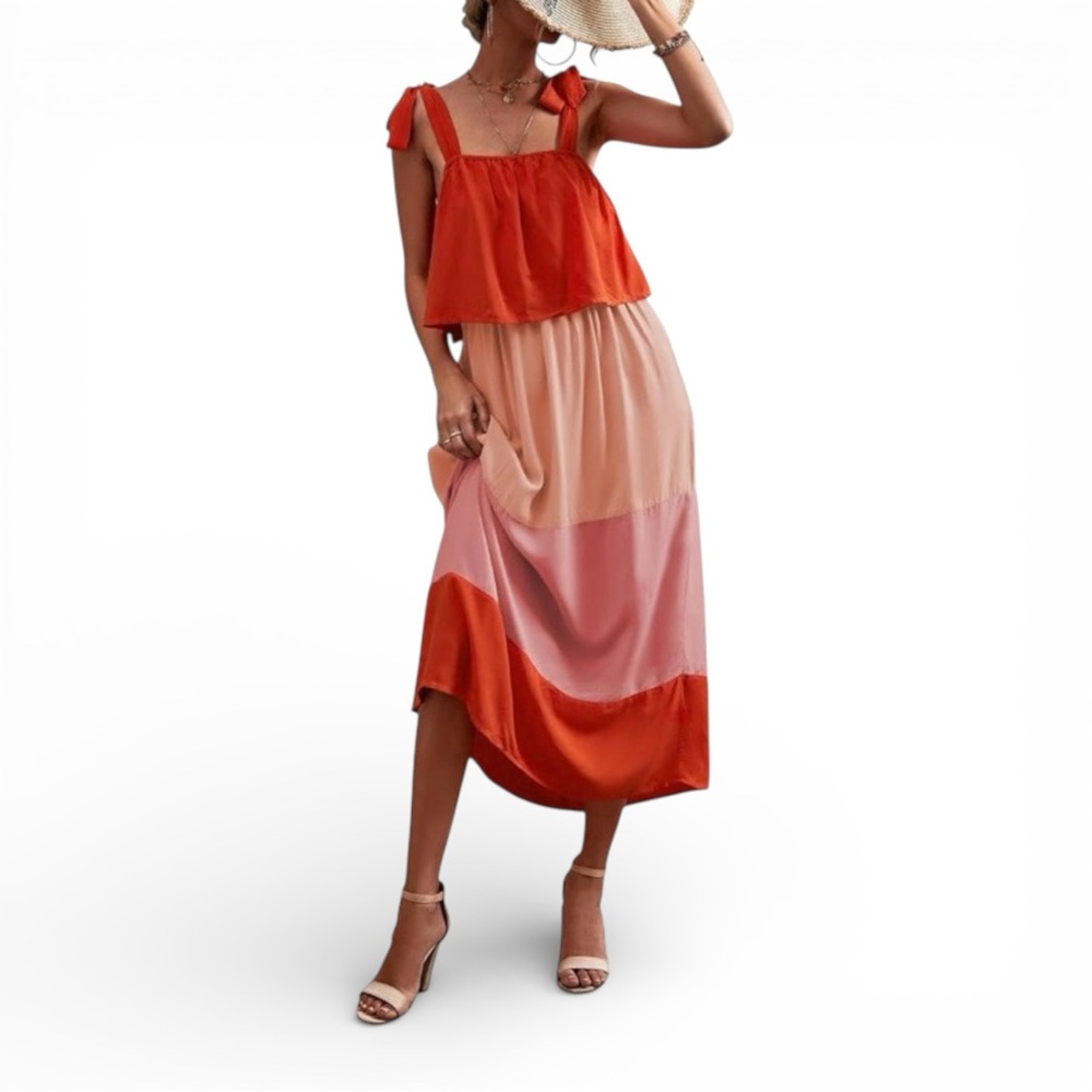 Chartou Colorblock Tiered Midi Dress Size Large Orange Pink Self Tie Straps